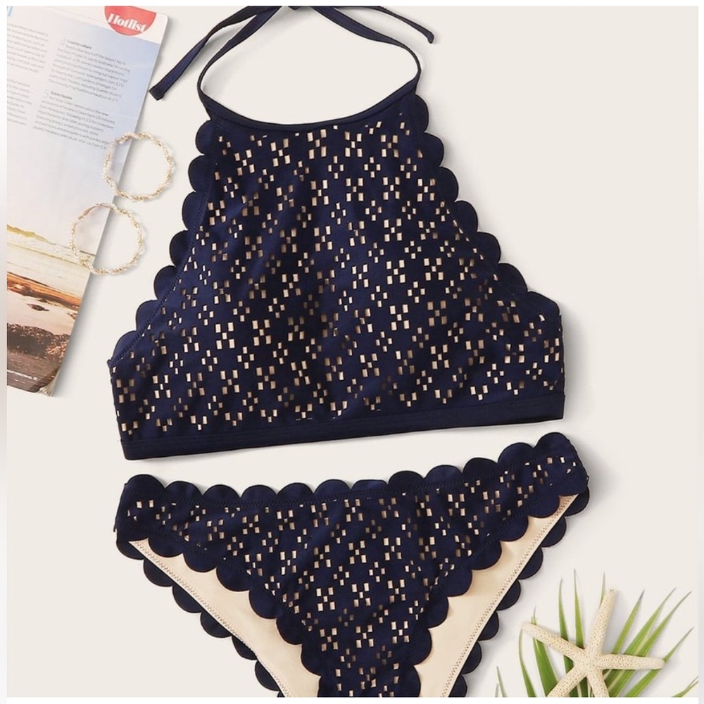 NWOT Scalloped Laser-Cut Halter Bikini in Navy